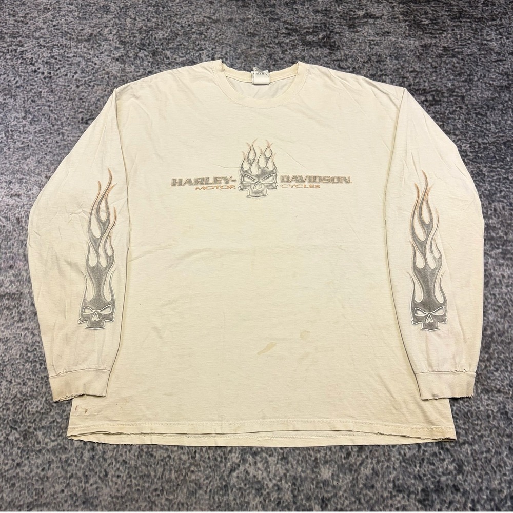 Vintage Harley Davidson Shirt Long Sleeve Mens 3XL White Flames Skull Biker Y2K